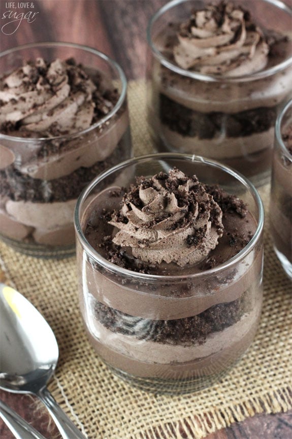 Overhead view of Mini Baileys Chocolate Cheesecake Trifles in glass cups