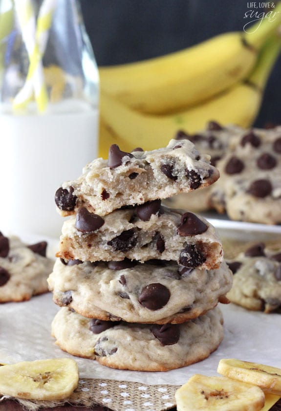 Banana Chocolate Chip Cookies - dense, moist and chewy cookies full of banana and chocolate chips! Not at all cakey!