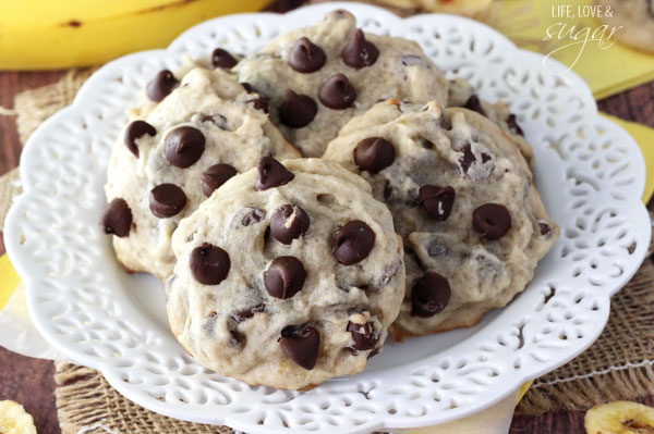 Banana Chocolate Chip Cookies - dense, moist and chewy cookies full of banana and chocolate chips! Not at all cakey!