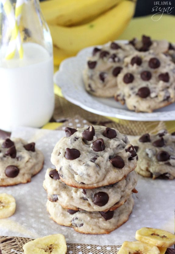 Banana Chocolate Chip Cookies - dense, moist and chewy cookies full of banana and chocolate chips! Not at all cakey!