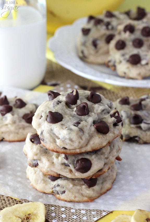 Banana Chocolate Chip Cookies - dense, moist and chewy cookies full of banana and chocolate chips! Not at all cakey!