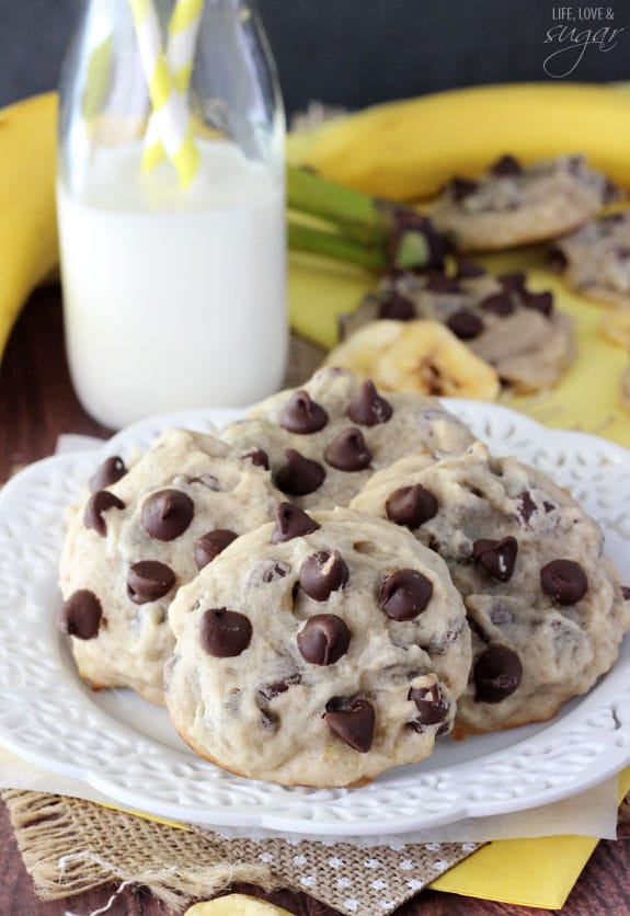 Banana Chocolate Chip Cookies - dense, moist and chewy cookies full of banana and chocolate chips! Not at all cakey!