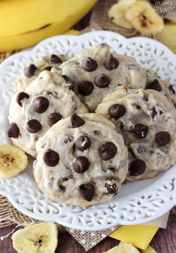 Banana Chocolate Chip Cookies - dense, moist and chewy cookies full of banana and chocolate chips! Not at all cakey!