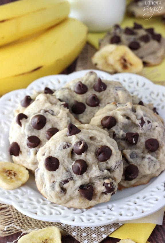 Banana Chocolate Chip Cookies - dense, moist and chewy cookies full of banana and chocolate chips! Not at all cakey!