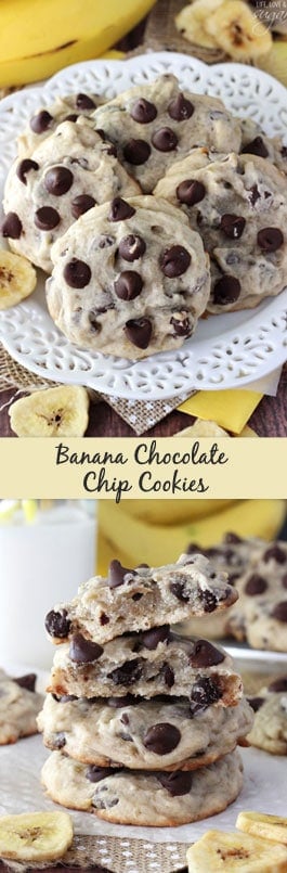 Banana Chocolate Chip Cookies - dense, moist and chewy cookies full of banana and chocolate chips! Not at all cakey!