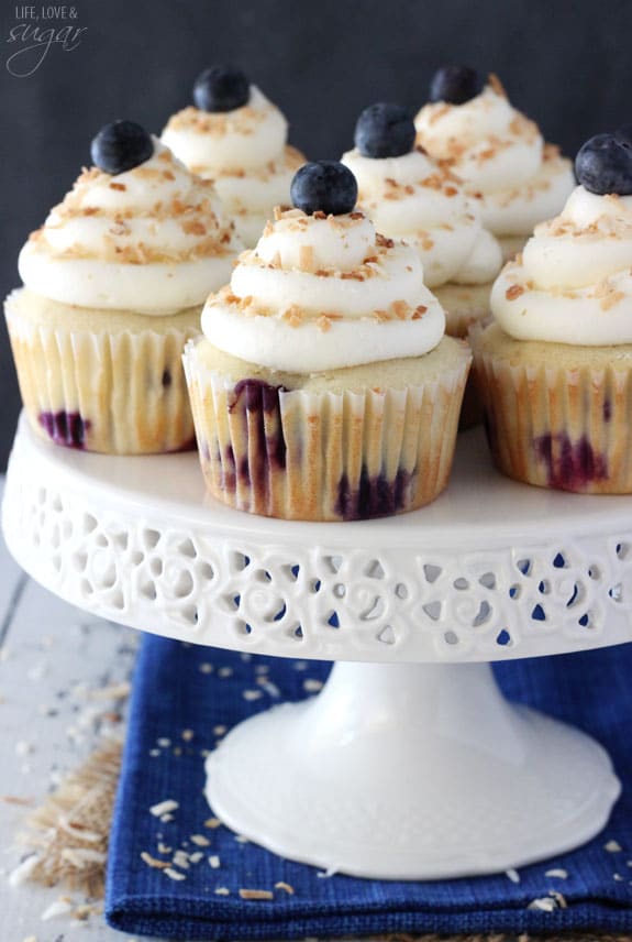 Blueberry Coconut Cupcakes on a cake stand
