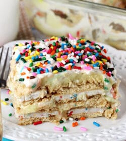 Funfetti Birthday Cake Icebox Cake slice on a plate