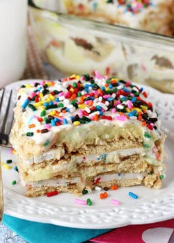 Funfetti Birthday Cake Icebox Cake slice on a plate