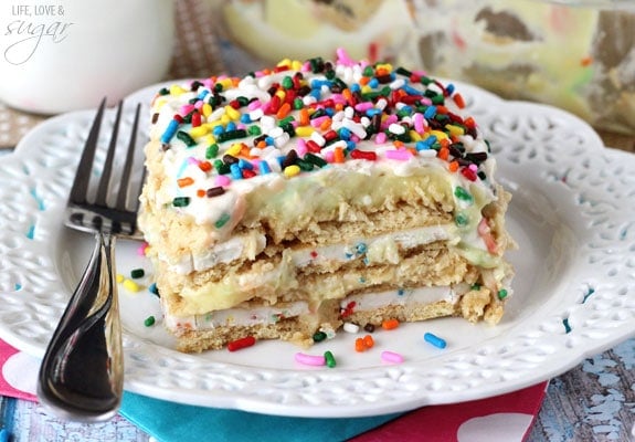 Funfetti Birthday Cake Icebox Cake slice on a plate