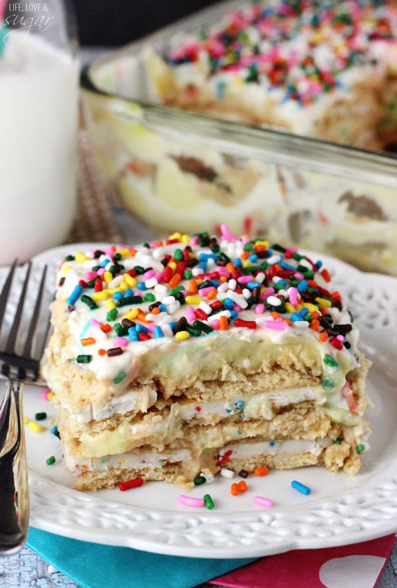 Funfetti Birthday Cake Icebox Cake slice on a plate