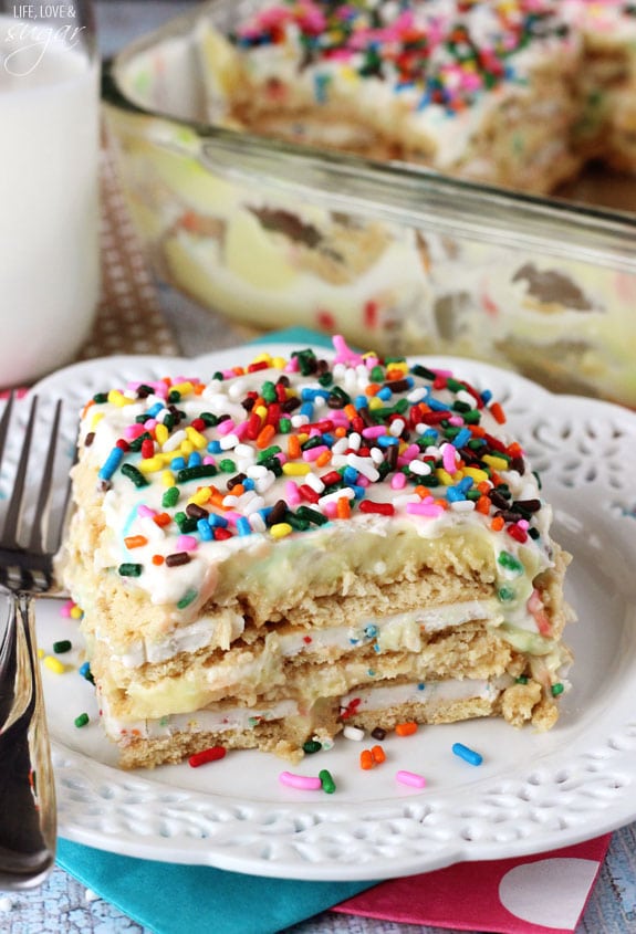 Funfetti Birthday Cake Icebox Cake slice on a plate