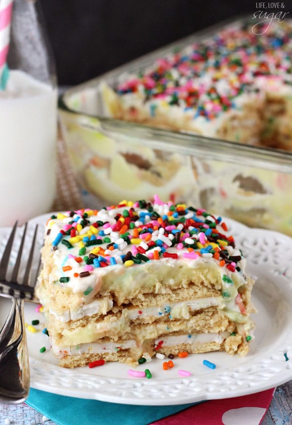 Funfetti Birthday Cake Icebox Cake slice on a plate with a fork