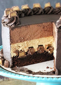 Peanut Butter Chocolate Mousse Cake with slice missing