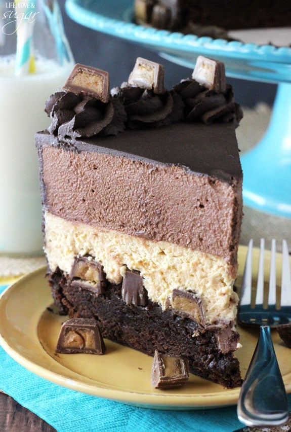 Peanut Butter Chocolate Mousse Cake slice on a plate