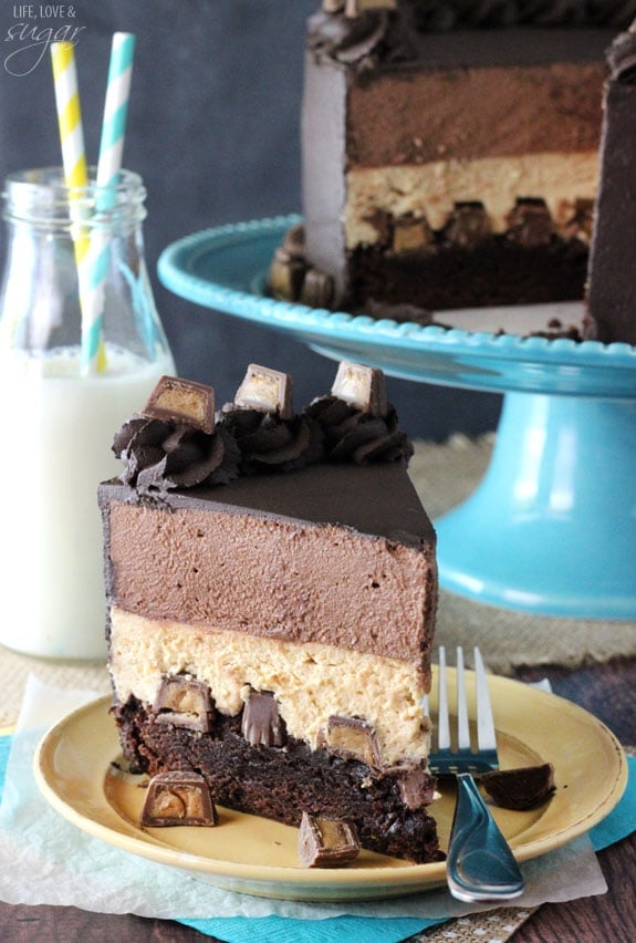 Peanut Butter Chocolate Mousse Cake slice on a plate