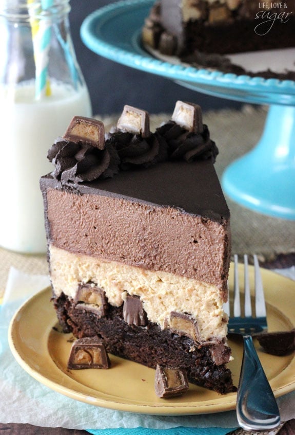 Peanut Butter Chocolate Mousse Cake slice on a plate