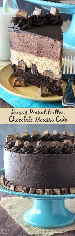 Peanut Butter Chocolate Mousse Cake - A brownie layer on bottom with Reese's, topped with peanut butter and chocolate mousse!