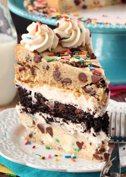 Ultimate Chocolate Chip Cookie Layer Cake slice on white plate