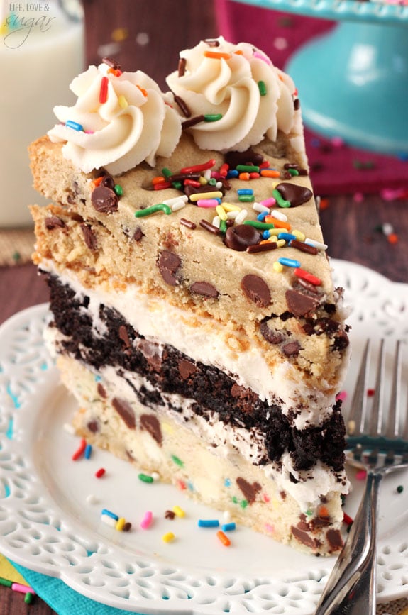 The Ultimate Layered Chocolate Chip Cookie Cake slice on a plate