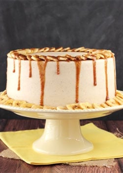 Banana Fosters Layer Cake on yellow stand