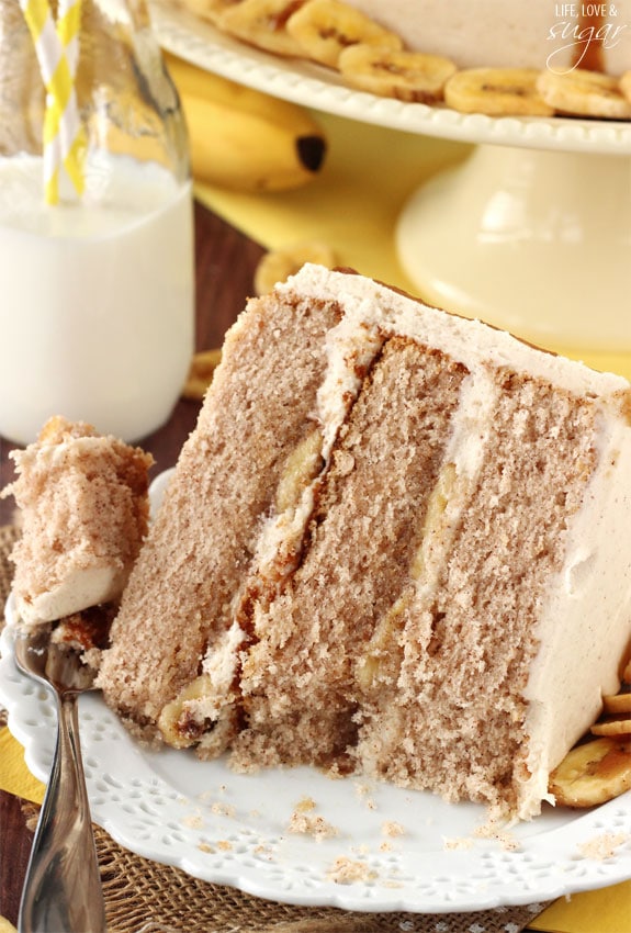 Bananas Foster Layer Cake slice laying on a plate