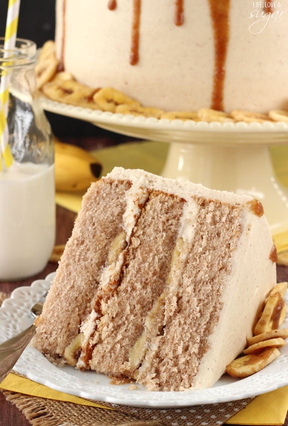 Bananas Foster Layer Cake slice on a plate