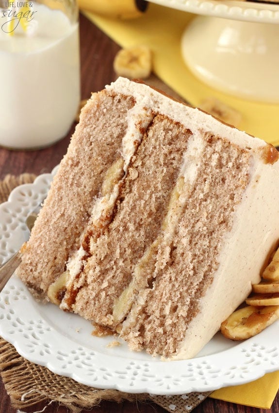 Bananas Foster Layer Cake slice on a plate