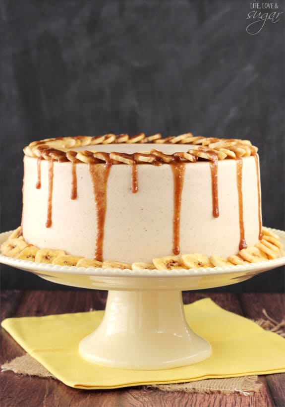 Side view of Bananas Foster Layer Cake on a cake stand