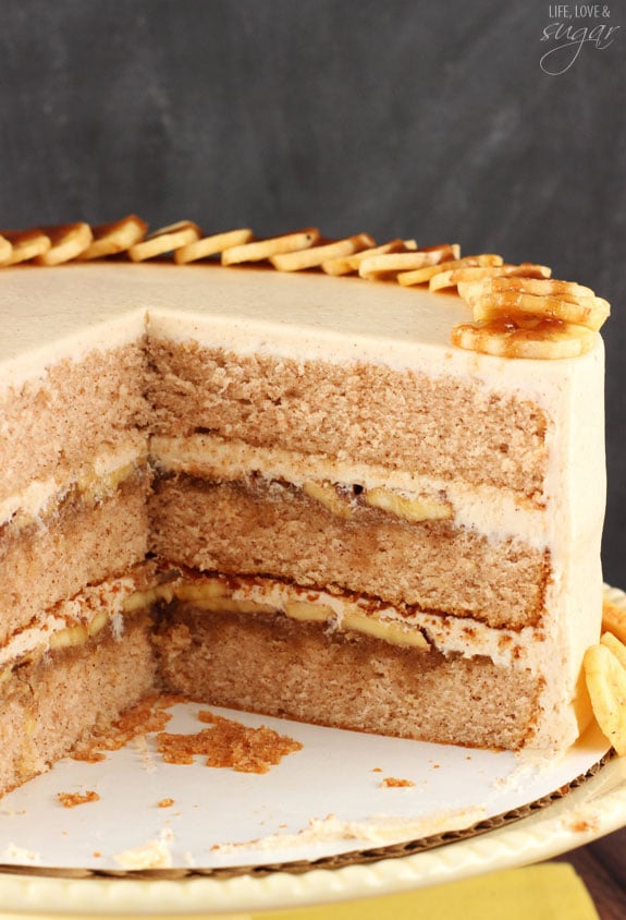 Bananas Foster Layer Cake with a couple slices removed