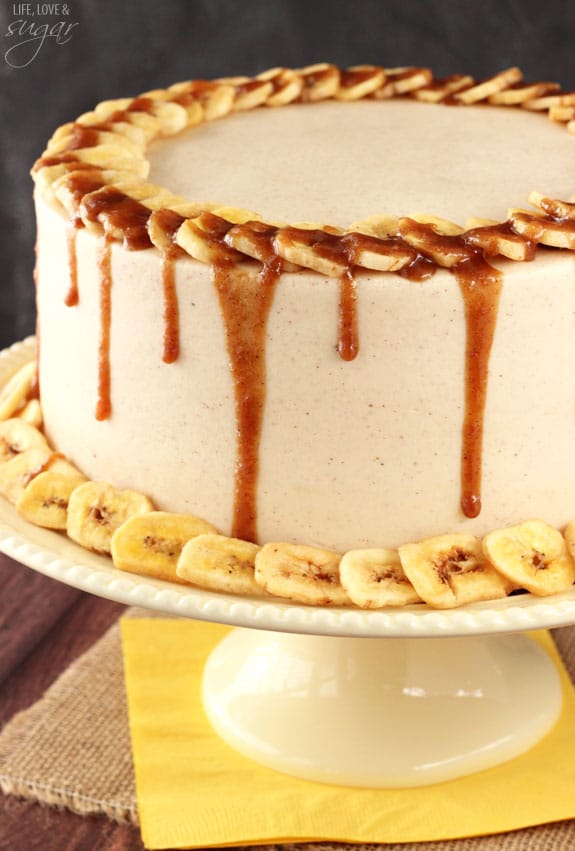 Side view of Bananas Foster Layer Cake on a cake stand