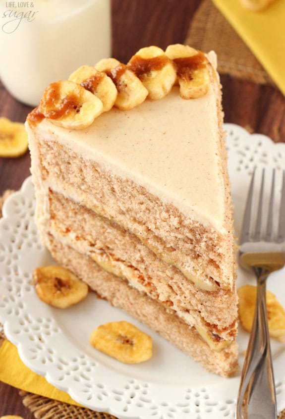 Bananas Foster Layer Cake slice on a plate