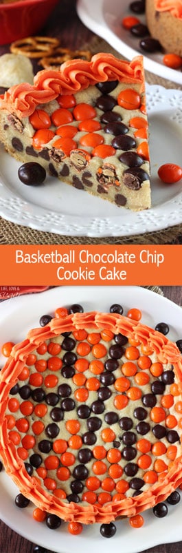 M&M Basketball Chocolate Chip Cookie Cake collage