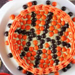 Overhead view of an M&M Basketball Chocolate Chip Cookie Cake