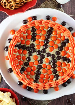 Overhead view of an M&M Basketball Chocolate Chip Cookie Cake