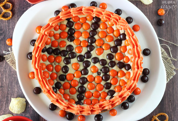 Overhead view of M&M Basketball Chocolate Chip Cookie Cake 