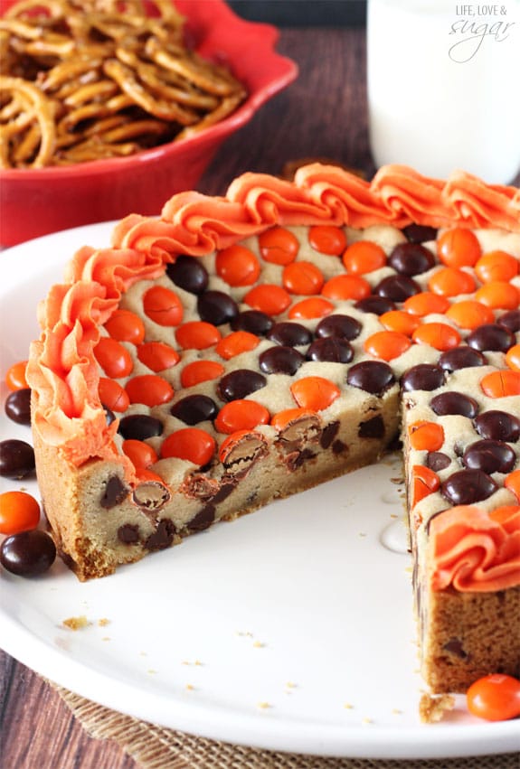 M&M Basketball Chocolate Chip Cookie Cake with a slice removed