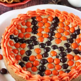 M&M Basketball Chocolate Chip Cookie Cake overhead view close up