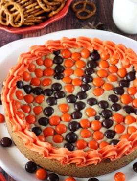 M&M Basketball Chocolate Chip Cookie Cake overhead view close up