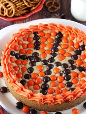 M&M Basketball Chocolate Chip Cookie Cake overhead view close up