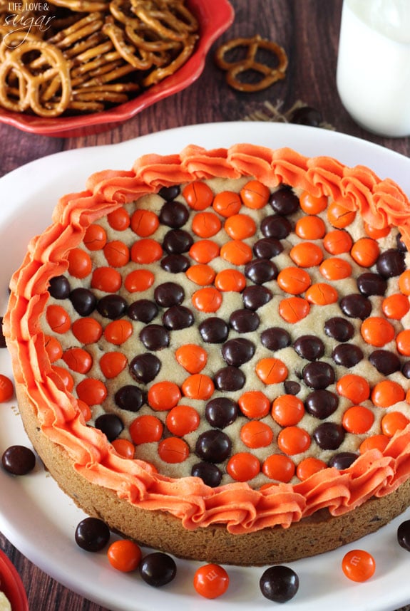 M&M Basketball Chocolate Chip Cookie Cake on a plate