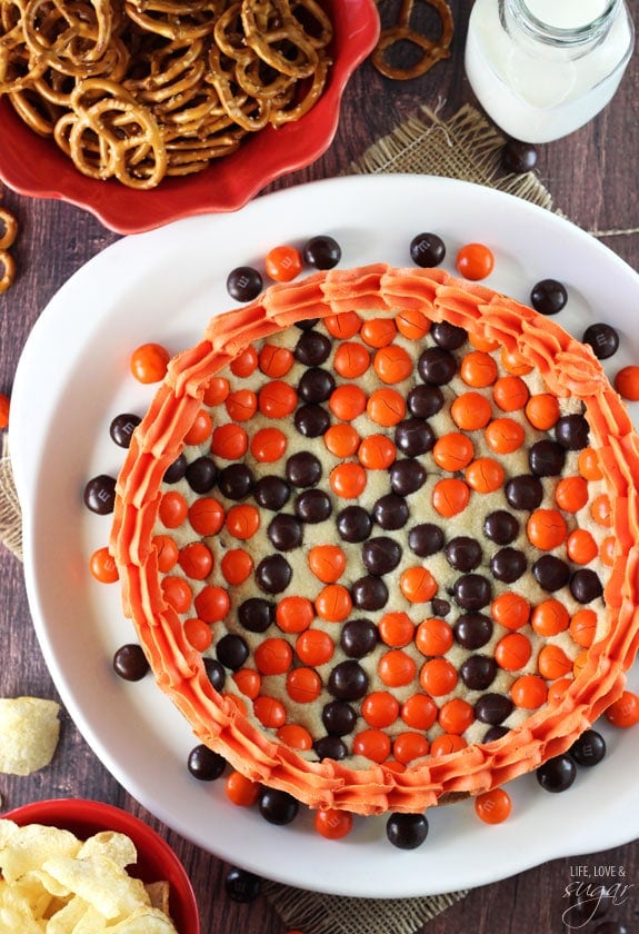 Overhead view of M&M Basketball Chocolate Chip Cookie Cake on a plate