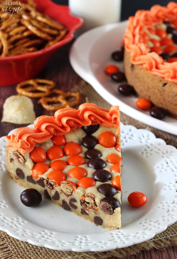 M&M Basketball Chocolate Chip Cookie Cake slice on a plate