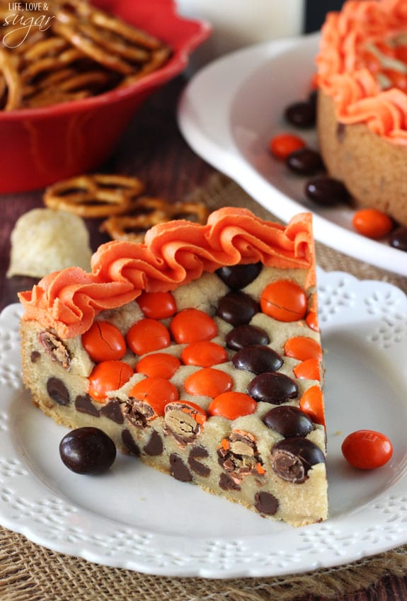 M&M Basketball Chocolate Chip Cookie Cake slice on a plate