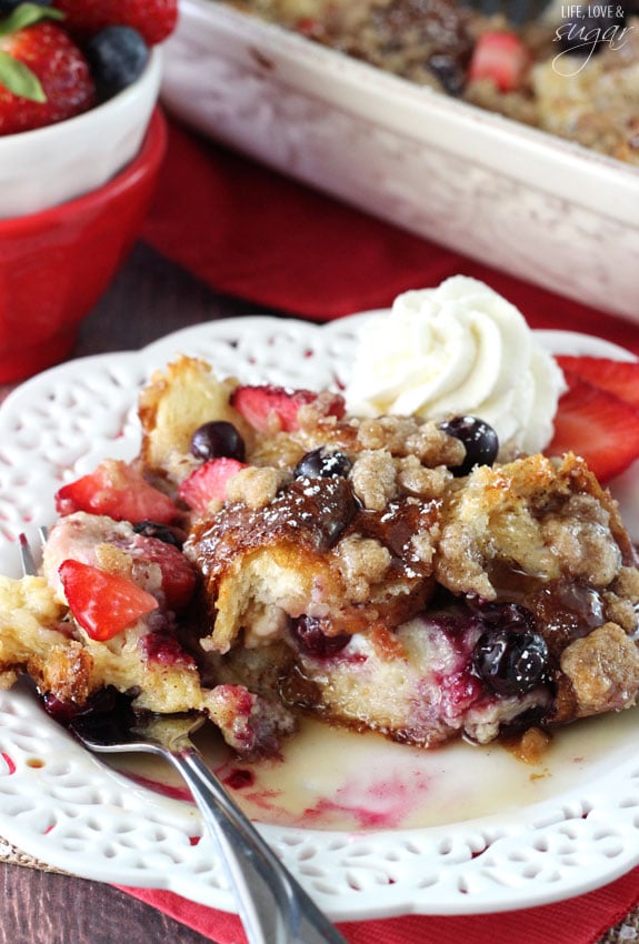 A serving of Strawberry and Blueberry French Toast Casserole on a plate