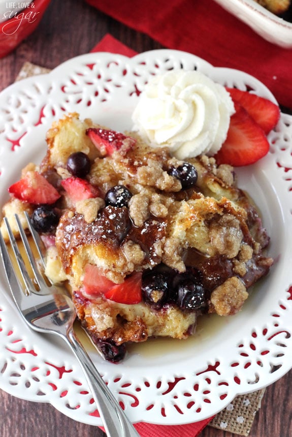 Overhead view of a serving of Strawberry and Blueberry French Toast Casserole on a plate
