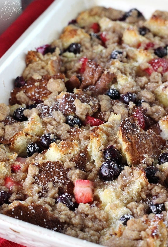 Strawberry and Blueberry French Toast Casserole in a baking dish