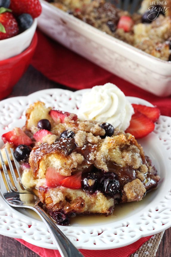 Strawberry and Blueberry French Toast Casserole serving on a plate