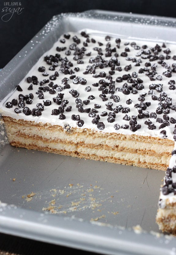 Cannoli Icebox Cake in a 9x13 pan with several slices removed