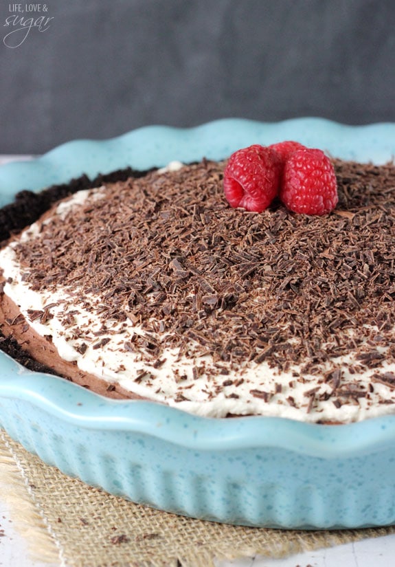 Chocolate Truffle Pie in a blue pie plate