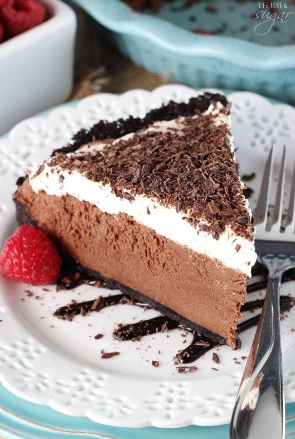 Chocolate Truffle Pie slice on a white plate